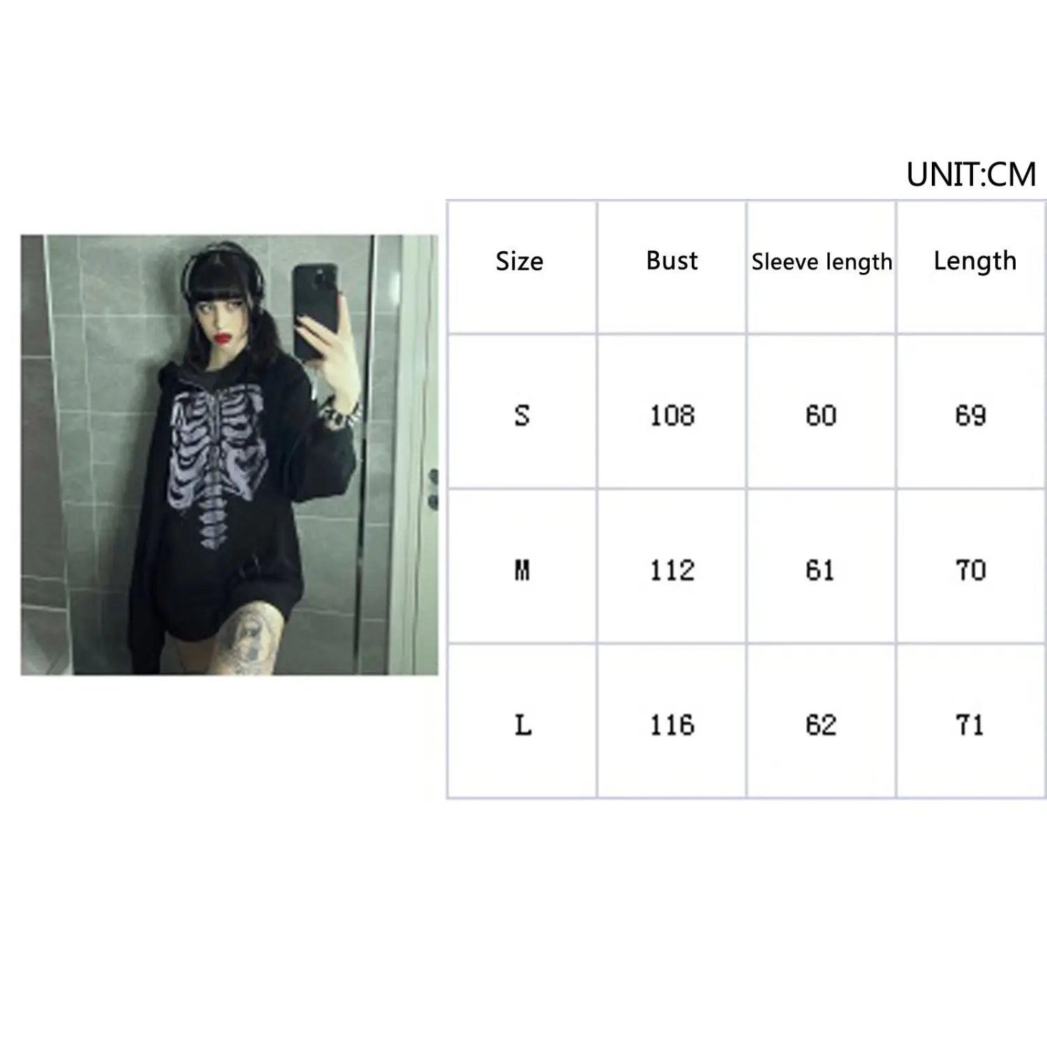 Hip Hop Women’s Spring Autumn Casual Hooded Coat Black Long Sleeve Skull Print Zipper Hoodie