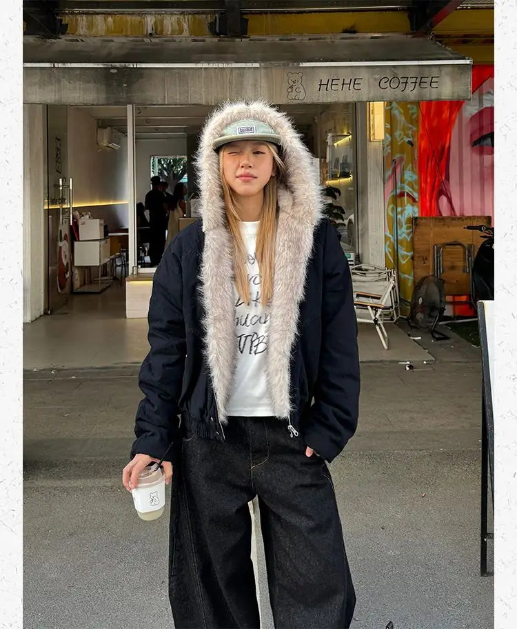 American Retro Fur Collar Hooded Jacket Women Y2K Streetwear Winter New Velvet Thickened Warm Harajuku Loose Casual Jacket