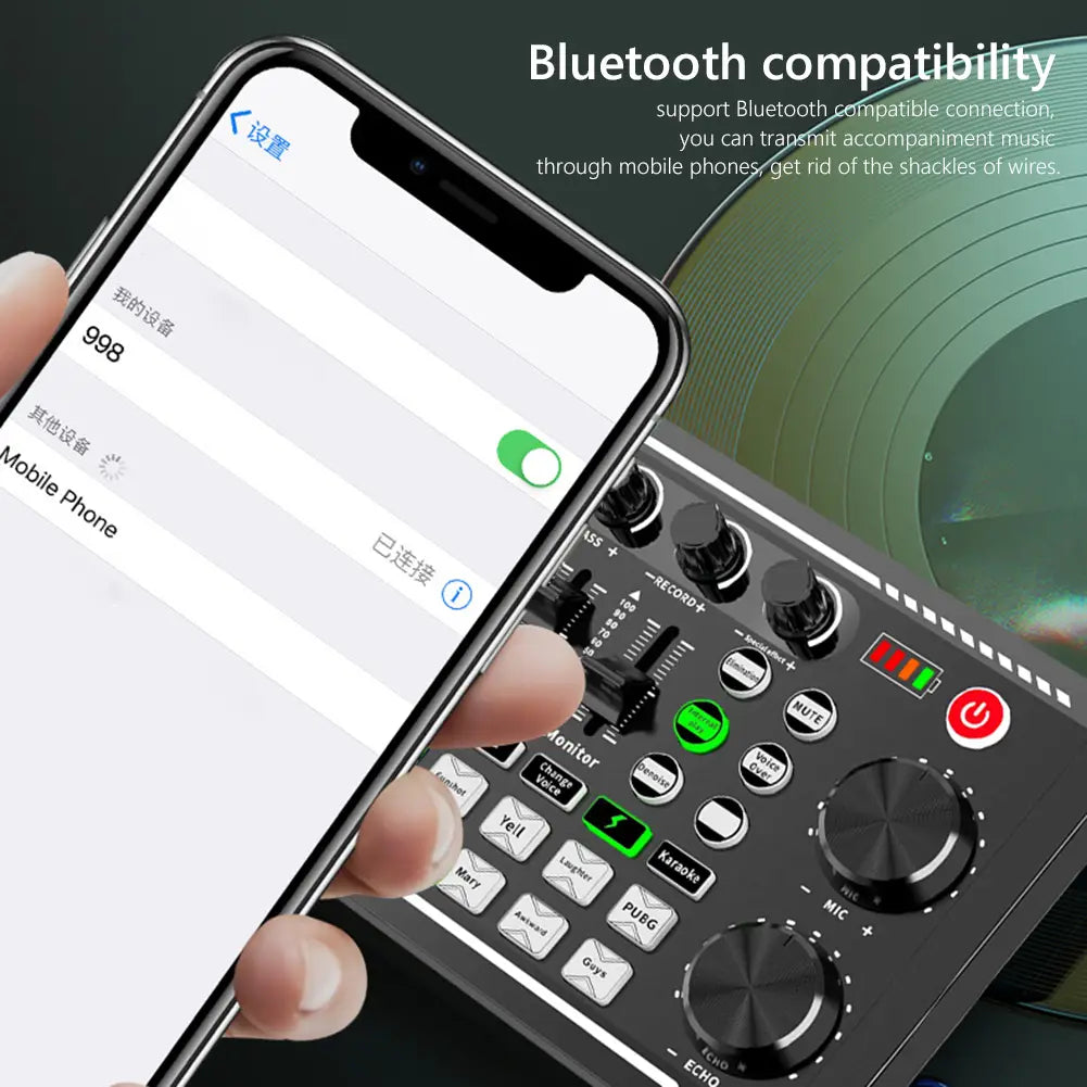 F998 Bluetooth Sound Card Console Studio Sound Card Kit with USB Microphone Computer Live Voice Mixer Sound Card DJ Equipment