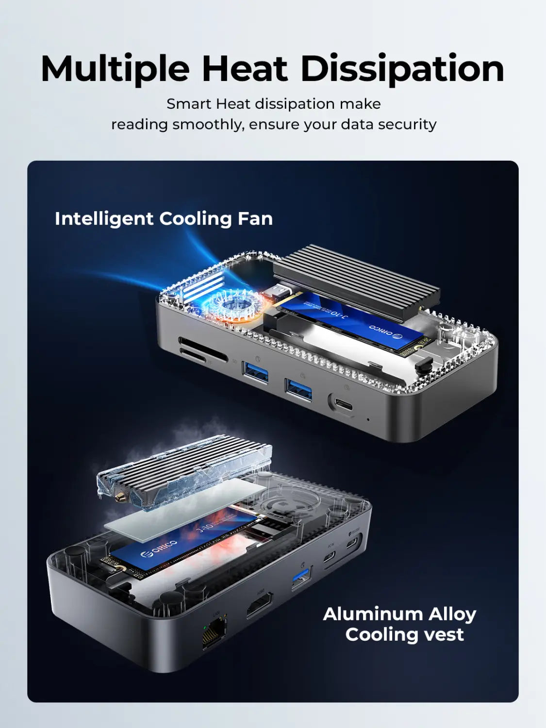 ORICO-USB C HUB with Cooling Fan M.2 NVMe SATA SSD Enclosure External 10Gbps 4K 60Hz HDMI-Com RJ45 SD TF Docking Station