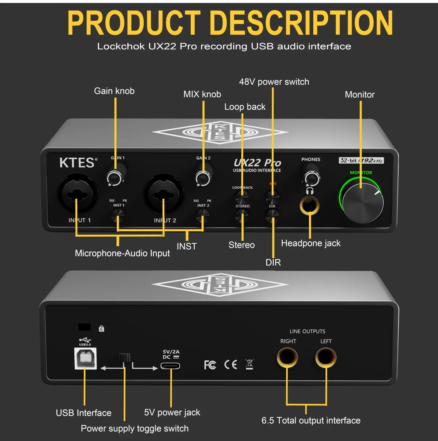 UX22 Pro Audio Interface 192kHz 32-Bit USB Sound Card for Studio Recording Live Streaming Podcast DAW Music Production & YouTube