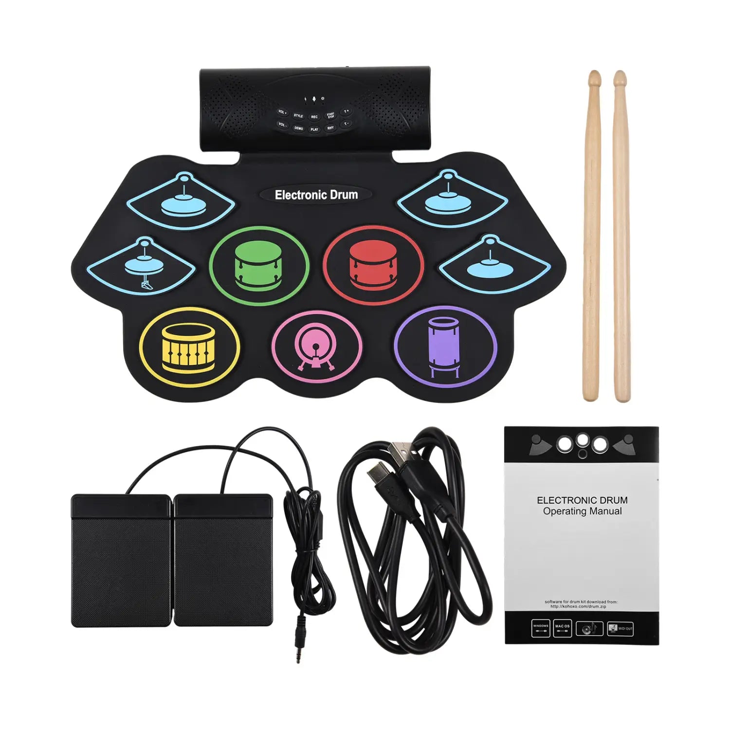 Electronic Drum Set Hand Roll Drum Percussion Instrument 9 Pads BT External Sound Drumsticks Foot Pedal MIDI Interface Speaker
