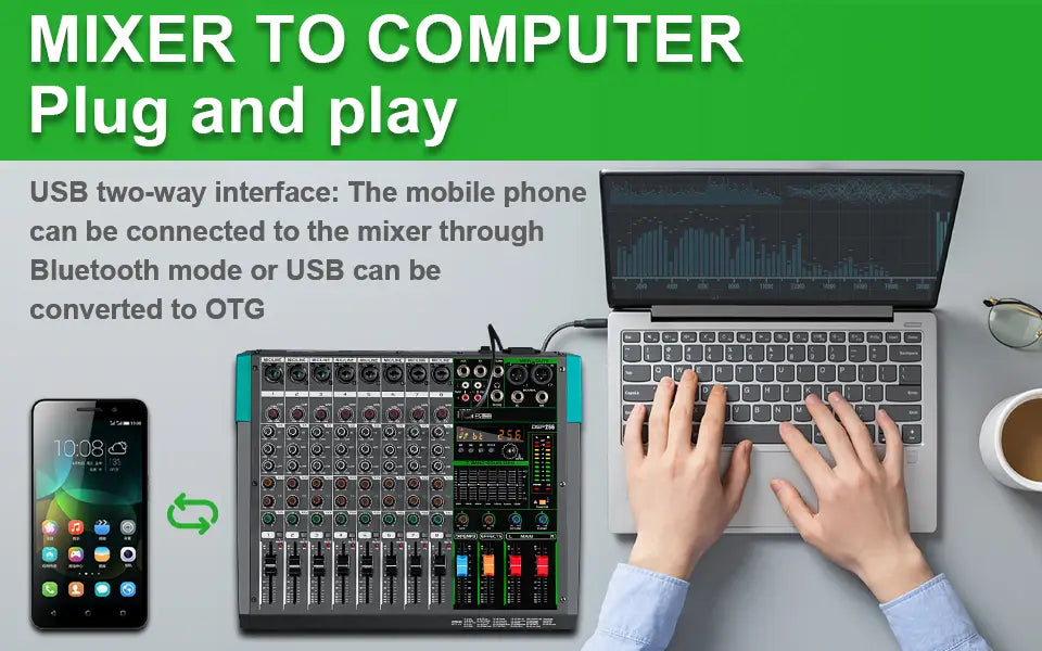 Professional Audio Mixer Depusheng MG8 8 Channel Sound Board Console DJ Mixing Desk System Interface Built-in 256 Reverb Effect