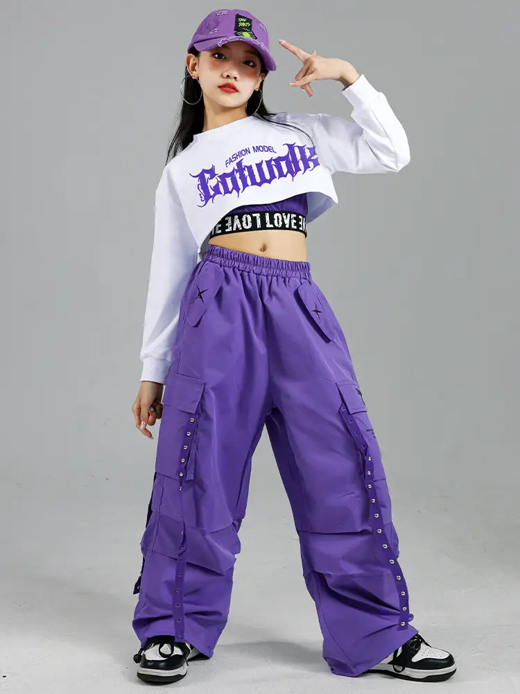 Hip Hop Girls Fashion K-pop Crop Top Purple Cargo Pants Children Street Dance Outfits Kids Streetwear Group Jazz Clothes Sets