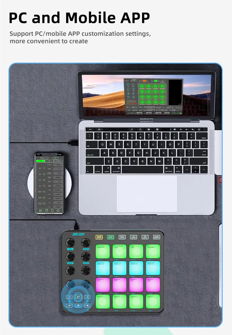 JAMJUM MIDI Controller Pad BT RGB Strike Pad Backlight MIDI Connection Low Latency 3.5mm Output Interface RGB Pad