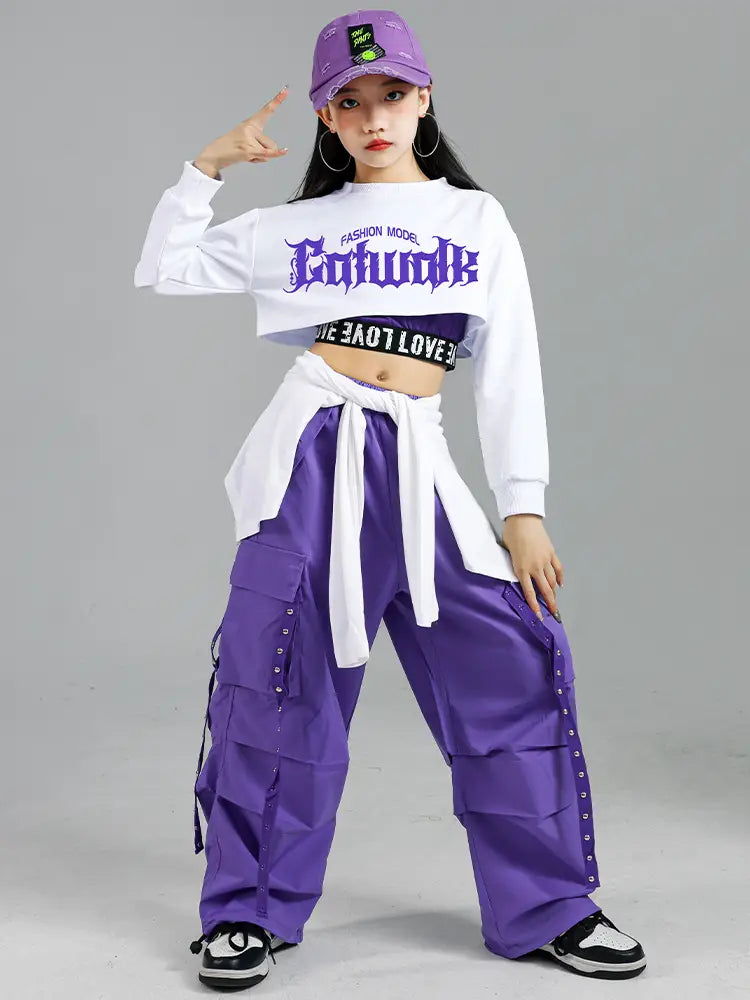 Hip Hop Girls Fashion K-pop Crop Top Purple Cargo Pants Children Street Dance Outfits Kids Streetwear Group Jazz Clothes Sets