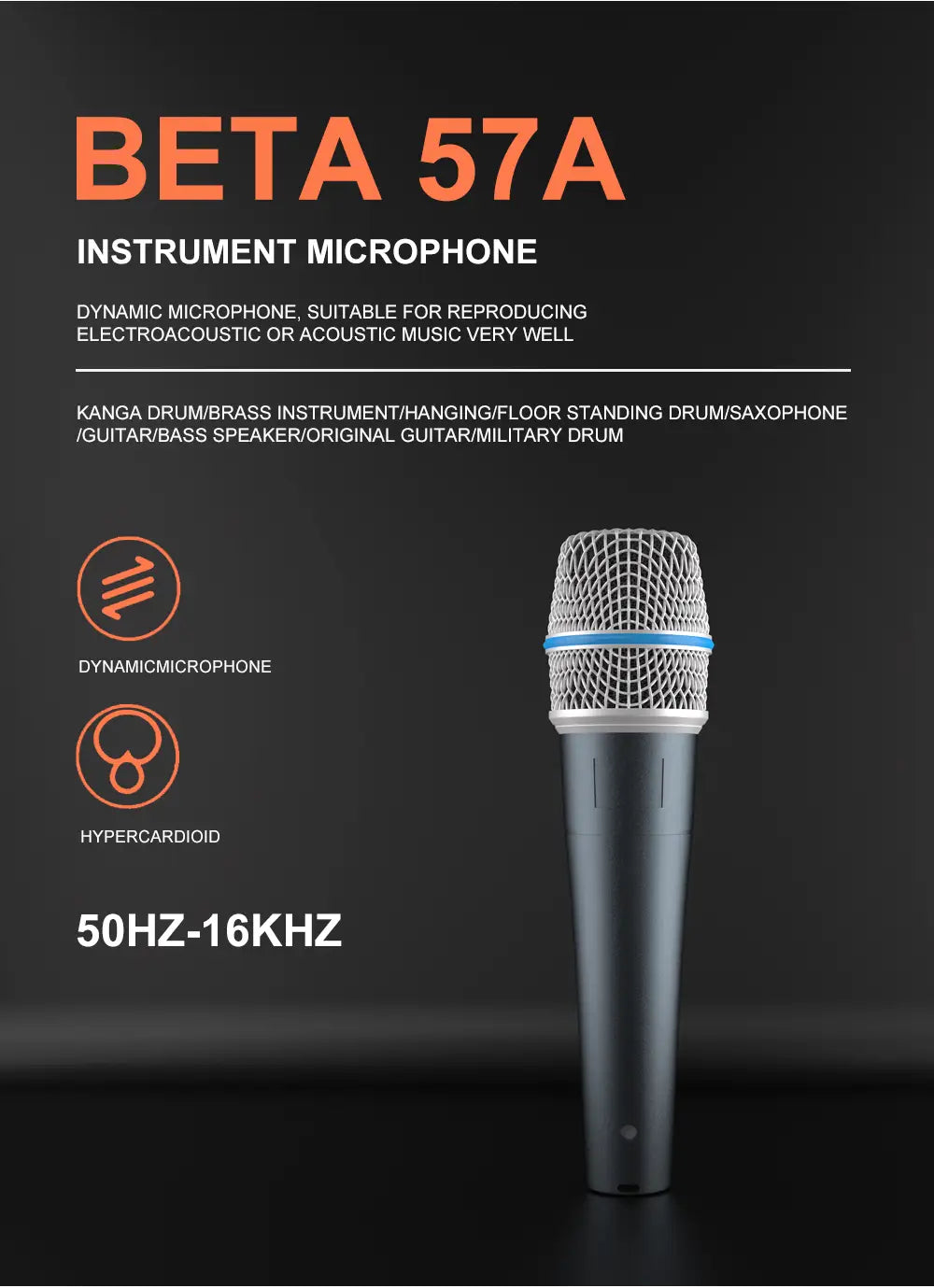 BETA 57A Kick Drum Microphone Super cardioid Dynamic Karaoke Mic With High Output Steel Mesh Grille