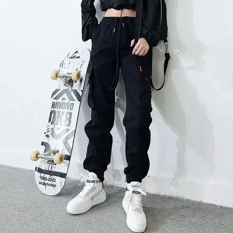Hip Hop Women’s Sports Fashion Cargo Pants Loose and Casual Korean Harem Pants Black Joggers with Multiple Pockets Trousers 5XL