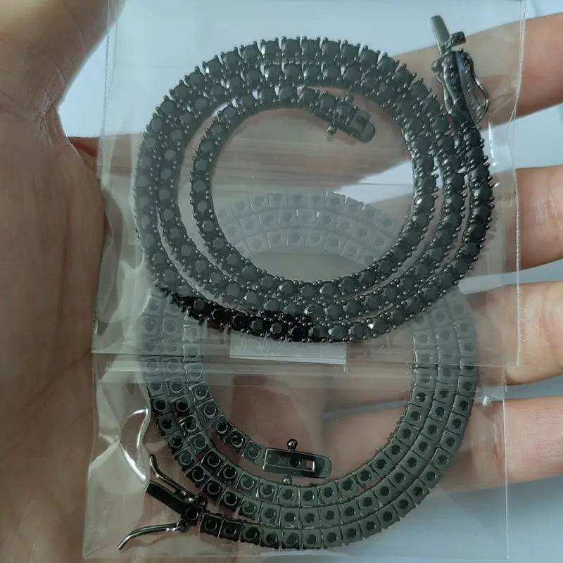 Hip Hop Black CZ Stone Paved Bling Iced Out 1 Row Tennis Link Chain Chokers Necklaces for Men Women Unisex Rapper Jewelry