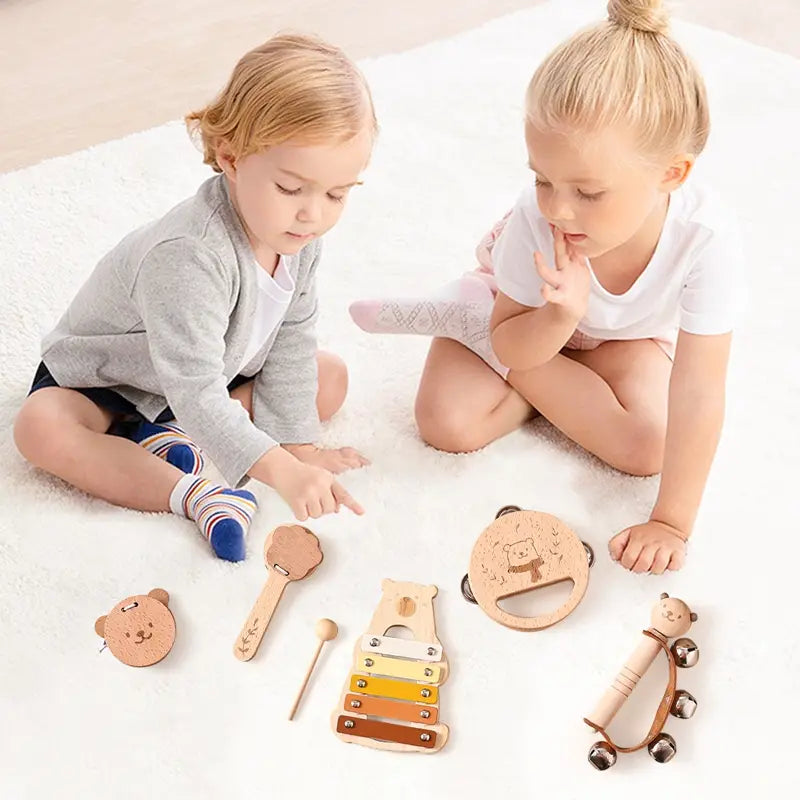 Baby Musical Toys Wooden Bear Rattle Bell Drum Xylophone Percussion Early Educational Instrument Playthings for Toddlers Kids
