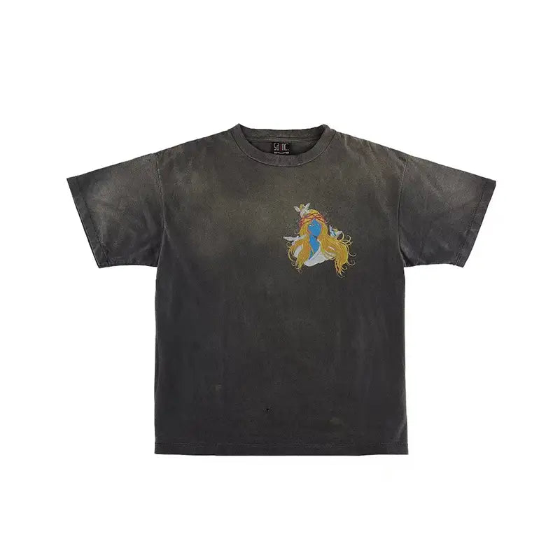 Hip Hop Retro Racing Style Graffiti Color Blocking Saint Micheal T-Shirt Men Women High Quality Oversized T Shirt Tee Tops