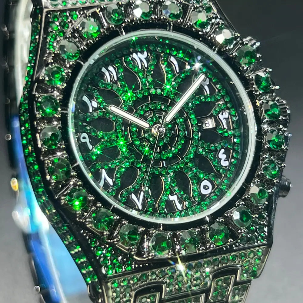 MISSFOX Hip Hop Wristwatch For Men Luxury lce Out Full Diamond Watches Fashion Green Watch Wterproof Week Display Clock 2025