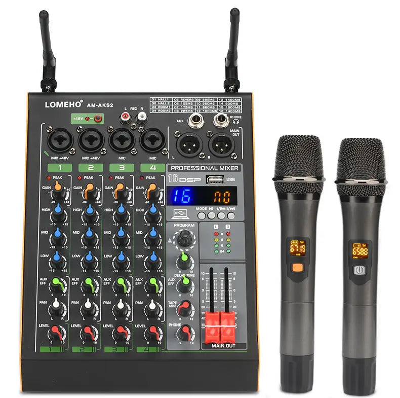 Professional 4 Channel Audio Mixer with UHF Wireless Microphone USB Bluetooth Karaoke System Sound Mixing Console LOMEHO AM-AKS2
