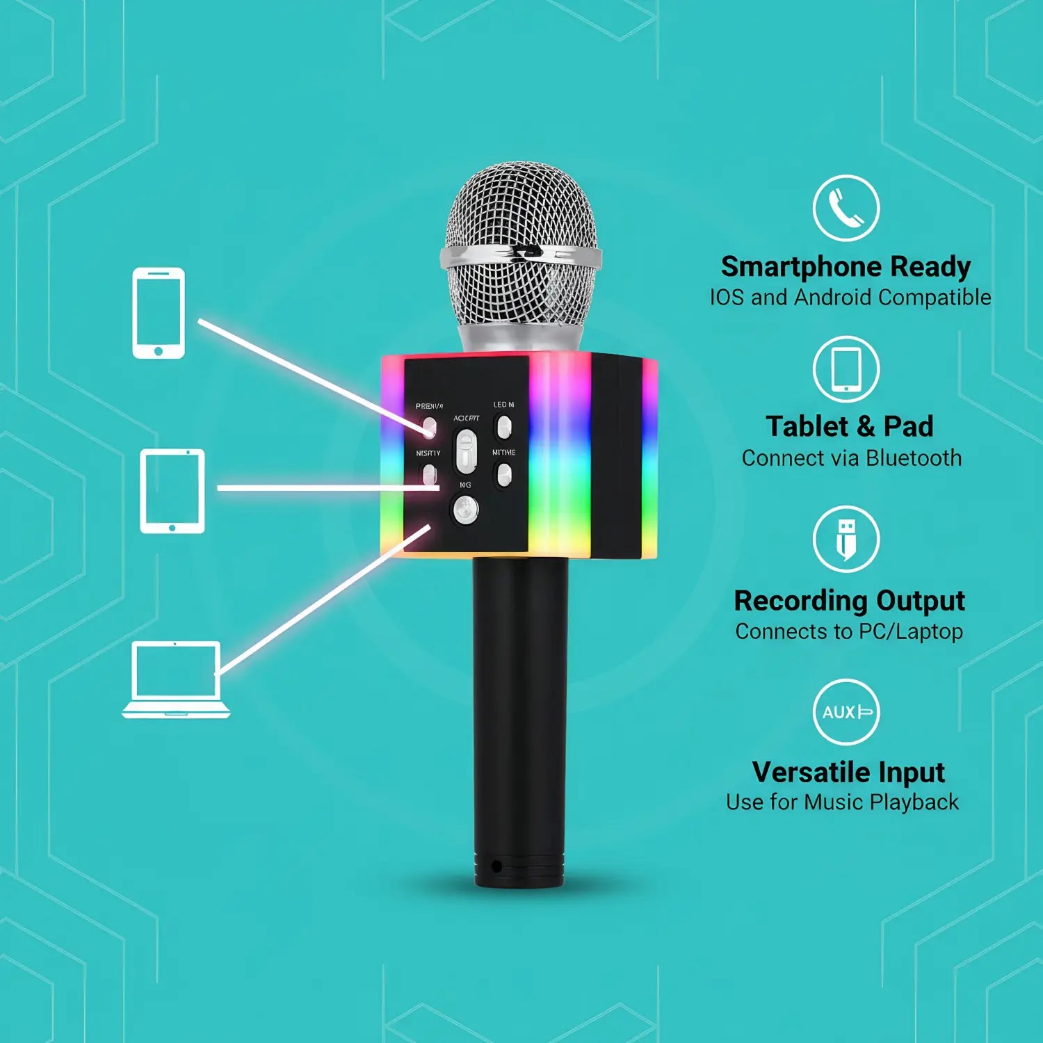 Wireless Bluetooth Karaoke Microphone Speaker Portable KTV System Support TF Card/USB/FM Radio/4 Voice Change/LED Lights