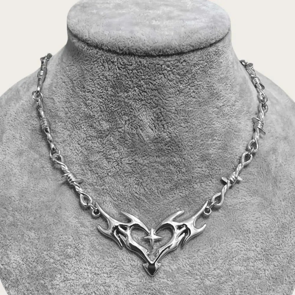 Hip Hop Personality Sliver Color Hollowed-out Flame Totem Heart-shaped Cross Thorny Chain Collar Necklace for Women Men Jewelry