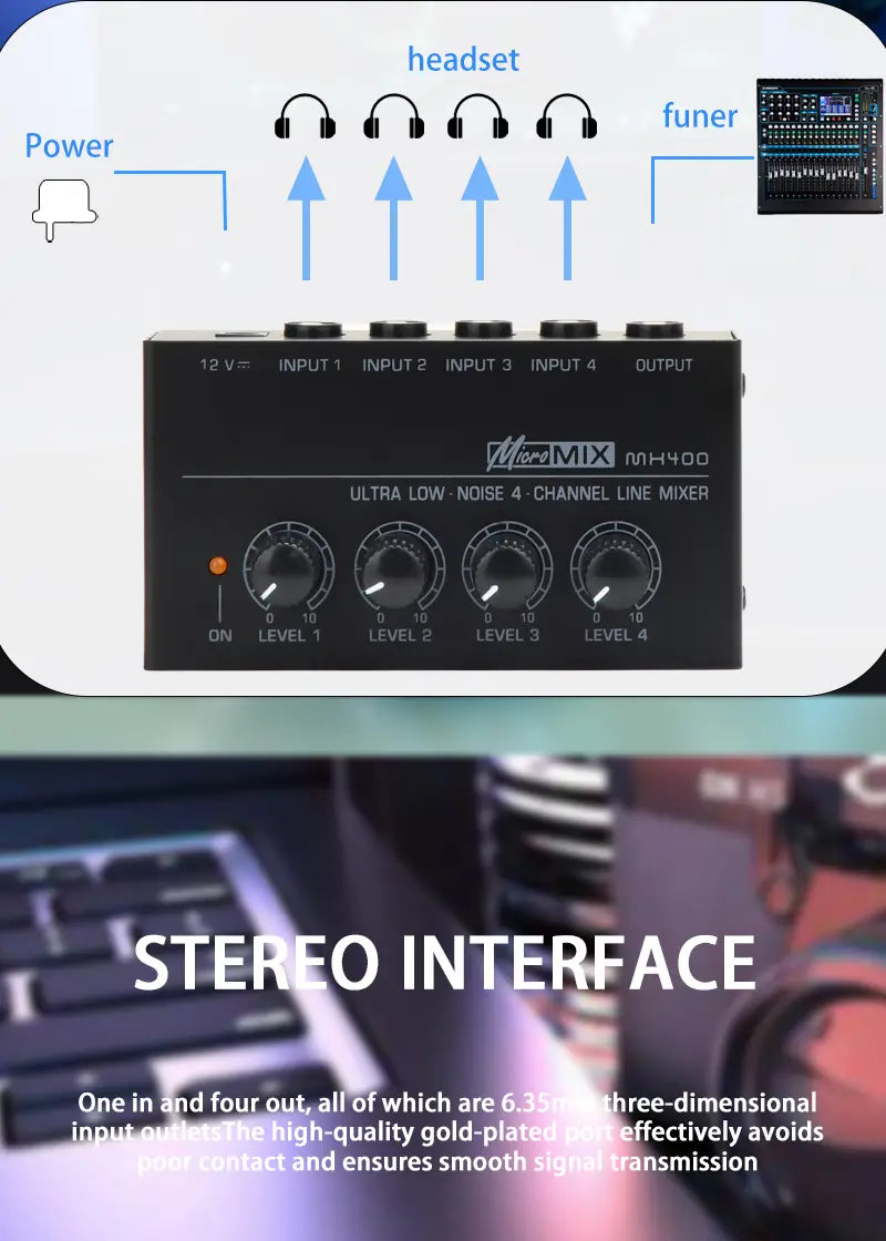MX400 Mini 4-Channel Audio Mixer Ultra Compact Sound Low Noise With Power Adapter DJ Karaoke Audio Mixer Headphone Amplifier
