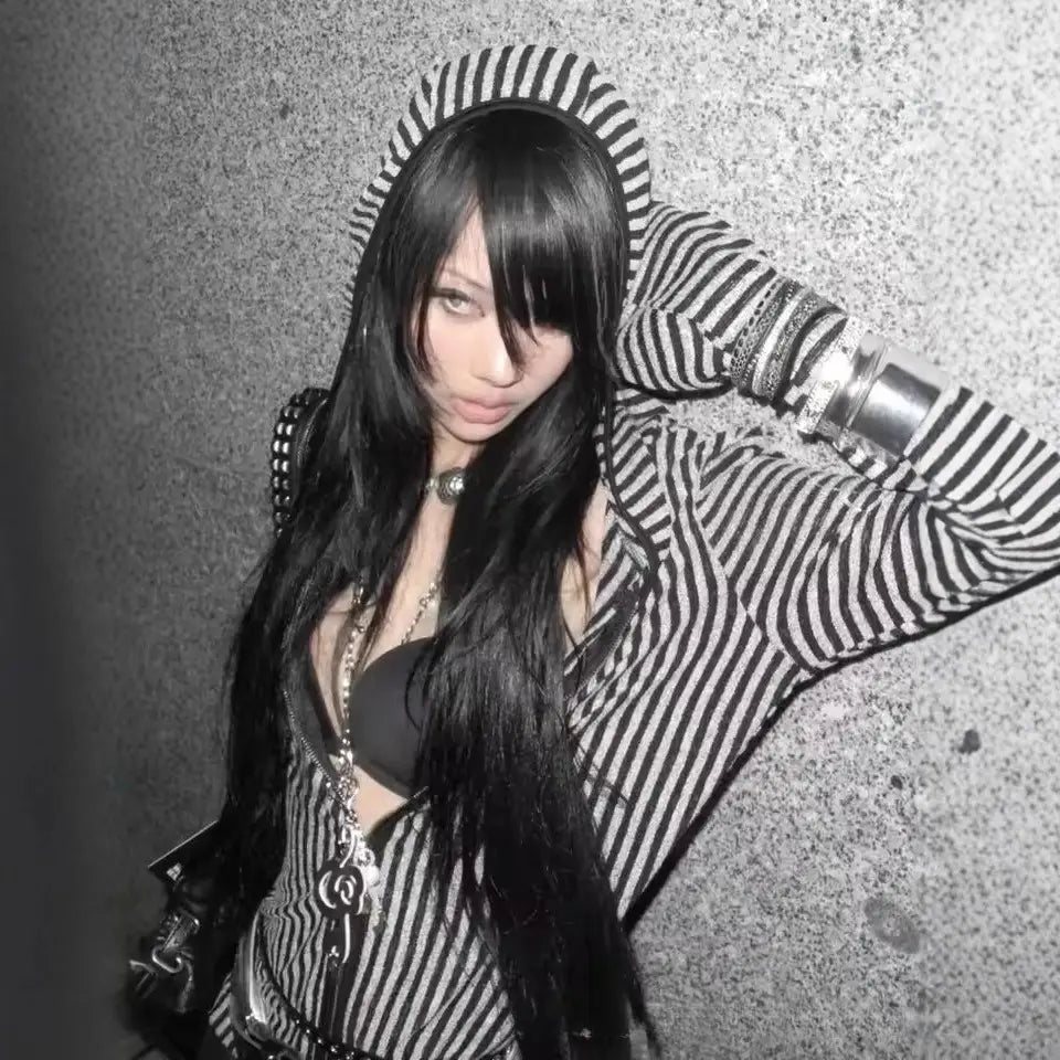 Stripe Harajuku Hip Hop Y2K Zip Up Hoodie Grunge Goth Unique Zipper Hoodie Sweatshirt Punk High Street Fashion EMO Clothes Chic