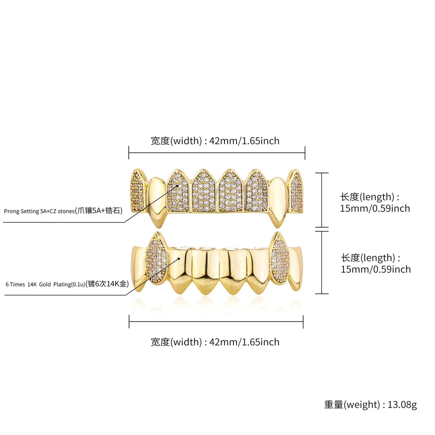 Hip Hop Full CZ Stone Teeth Grillz Caps Cubic Zircon Iced Out Micro Pave Top&Bottom Charm Grills for Men Women Punk Jewelry