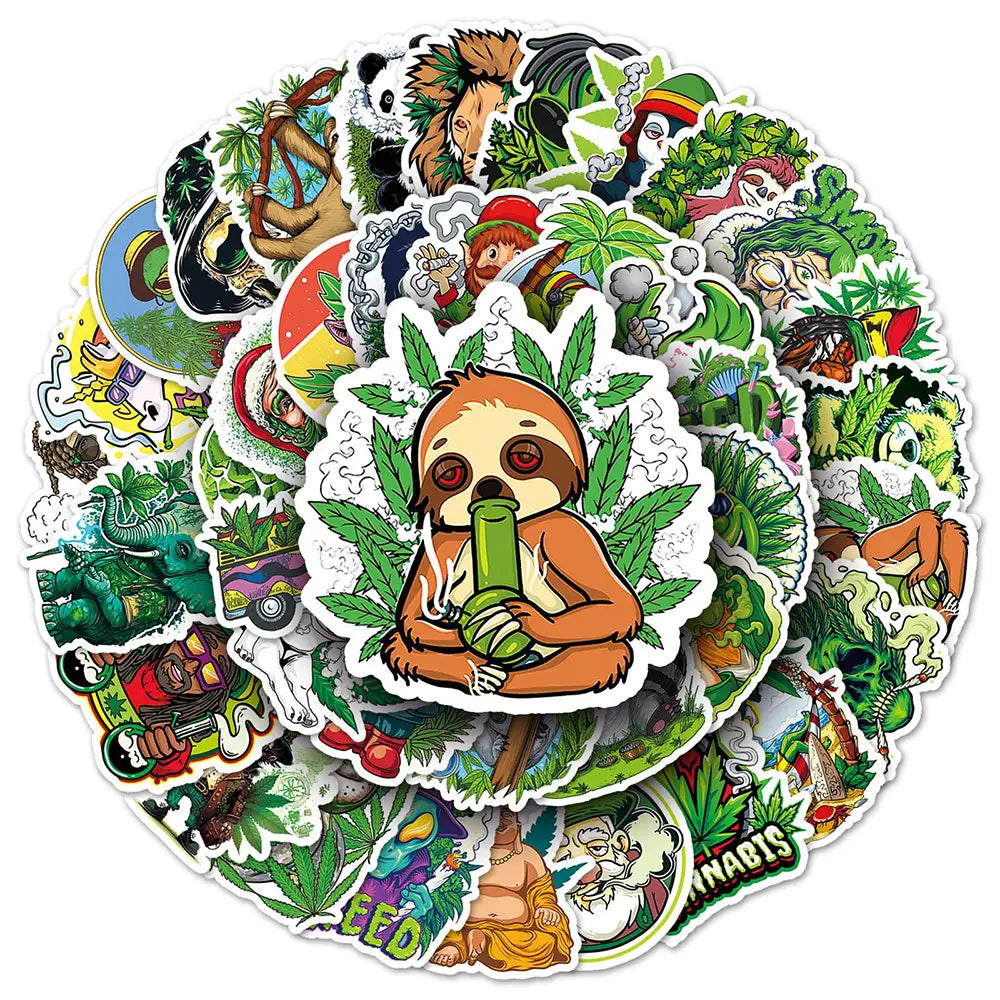 10/30/50/100PCS Funny Hemp Leaf Stickers Weed Smoking Cartoon Graffiti Waterproof Suitcase Luggage Guitar Skateboard Decals Toy