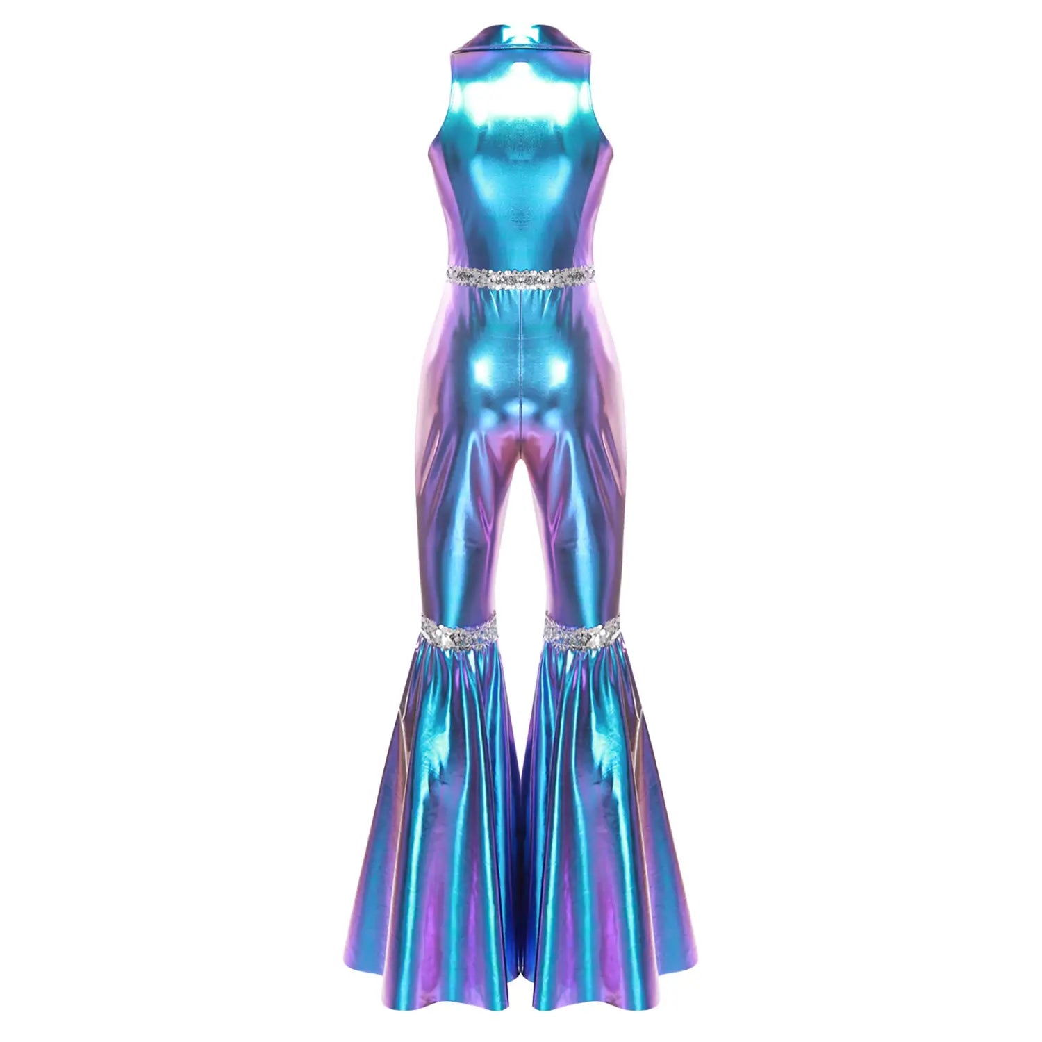 Adult Womens 70s Disco Rompers Lapel V Neck Sleeveless Front Zipper Sequins Bell Bottom Long Pants Jumpsuit Retro Jazz Dancewear