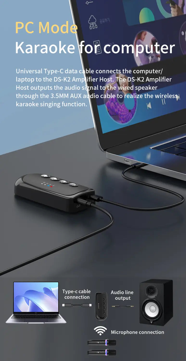 DS-K2 Karaoke Companion Bluetooth 5.3 Wireless Dynamic Microphones RGB Colorful Light Stereo DSP Mixer System For Wired Speaker