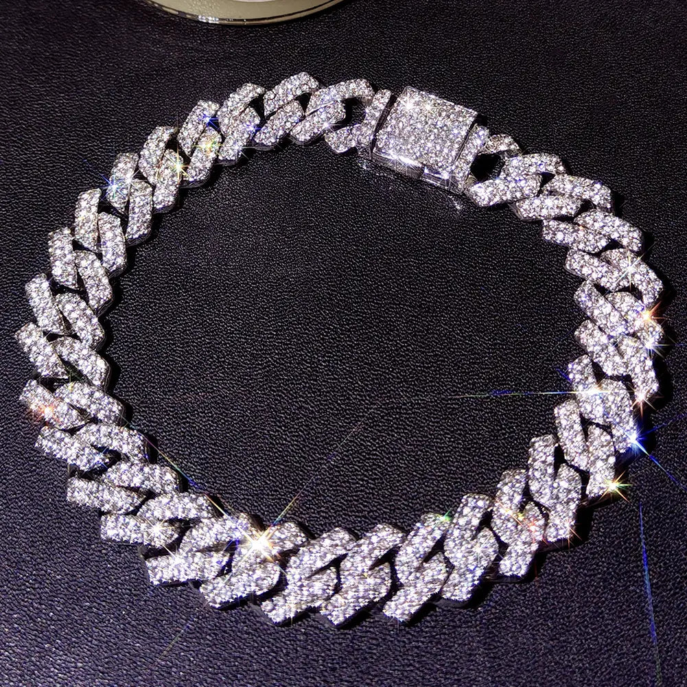 Hip Hop 14MM Prong Cuban Link Chain Necklace & Bracelet Iced Out Bling Cuban Chain Rhinestone Chains For Men Punk Rapper Jewelry