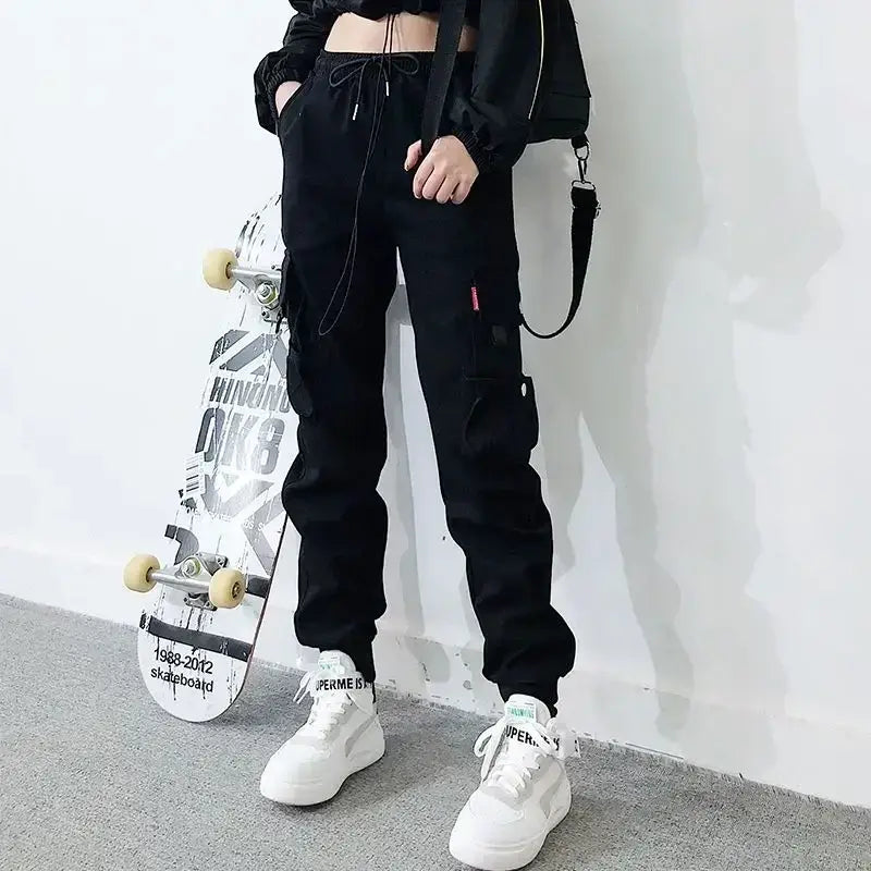 Hip Hop Women’s Sports Fashion Cargo Pants Loose and Casual Korean Harem Pants Black Joggers with Multiple Pockets Trousers 5XL