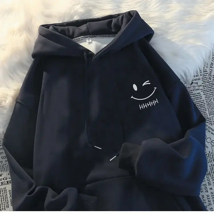 Men’s Smiling Face Funny Fashion Couple Hooded Sweater American Heavyweight Loose Thickened Cashmere Boys’ Hoodie Pullover Top