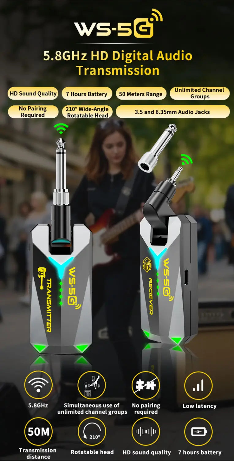 5.8GHz Wireless Guitar System Audio Rechargeable Transmitter Receiver – Works with 3.5mm & 6.35mm Jacks No Pairing Required