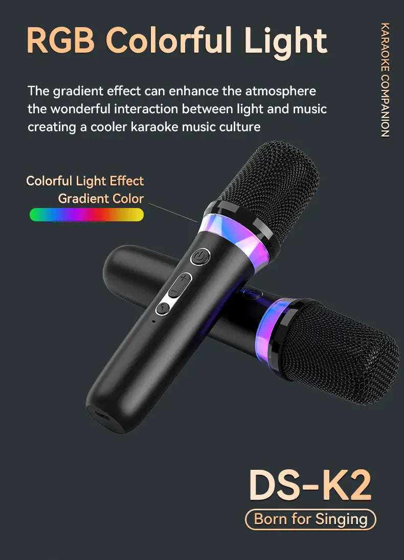 DS-K2 Karaoke Companion Bluetooth 5.3 Wireless Moving-Coil Microphone With RGB Light KTV DSP Mixer System For Wired Speaker Car