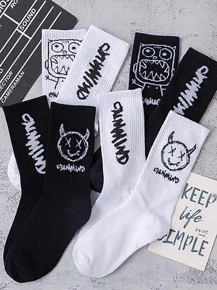 Men Women Socks Cotton Simplicity Anime Devil Grimace Harajuku Black White Graffiti Fashion Long Funny Hip Hop Sox Unisex medias