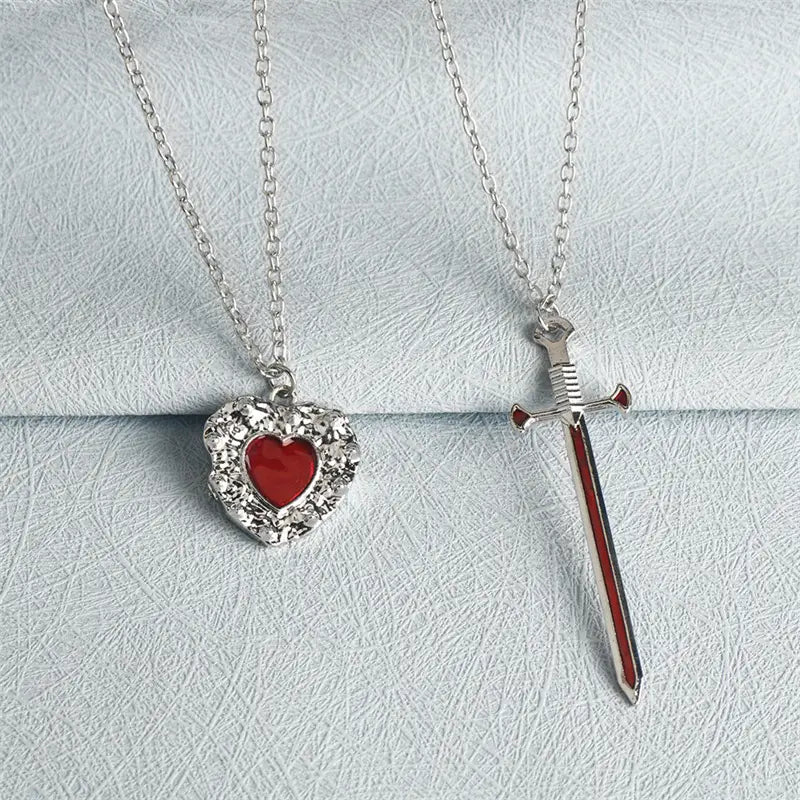 2pcs Swords Heart Pendant Necklaces for Women Men Cool Punk Heart Matching Necklaces Couple Friendship Fashion Jewelry Gift