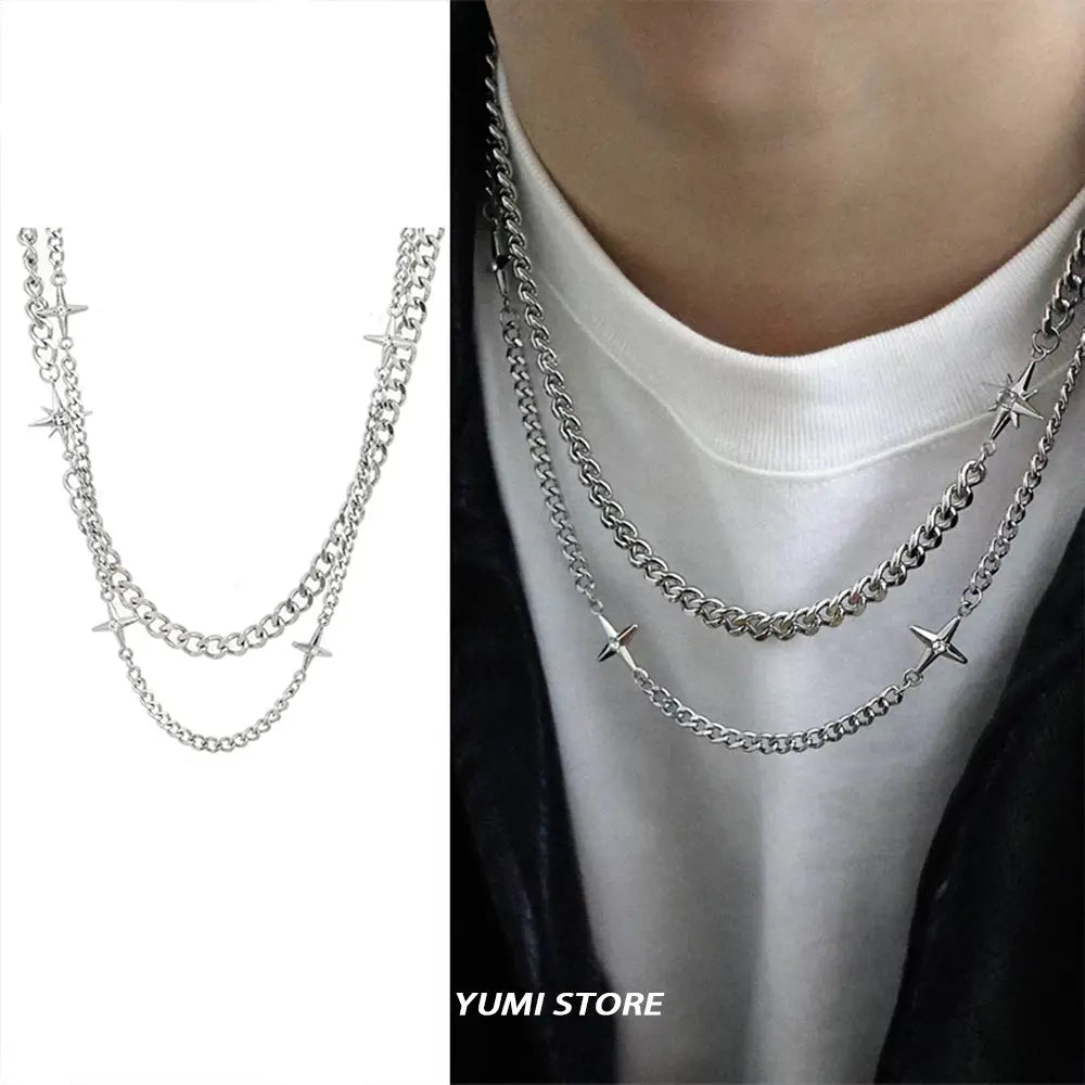 Hip Hop Double-layer Star Cross Necklace For Man Woman Titanium Steel Clavicle Chain Choker Punk Male Accessories Wholesale