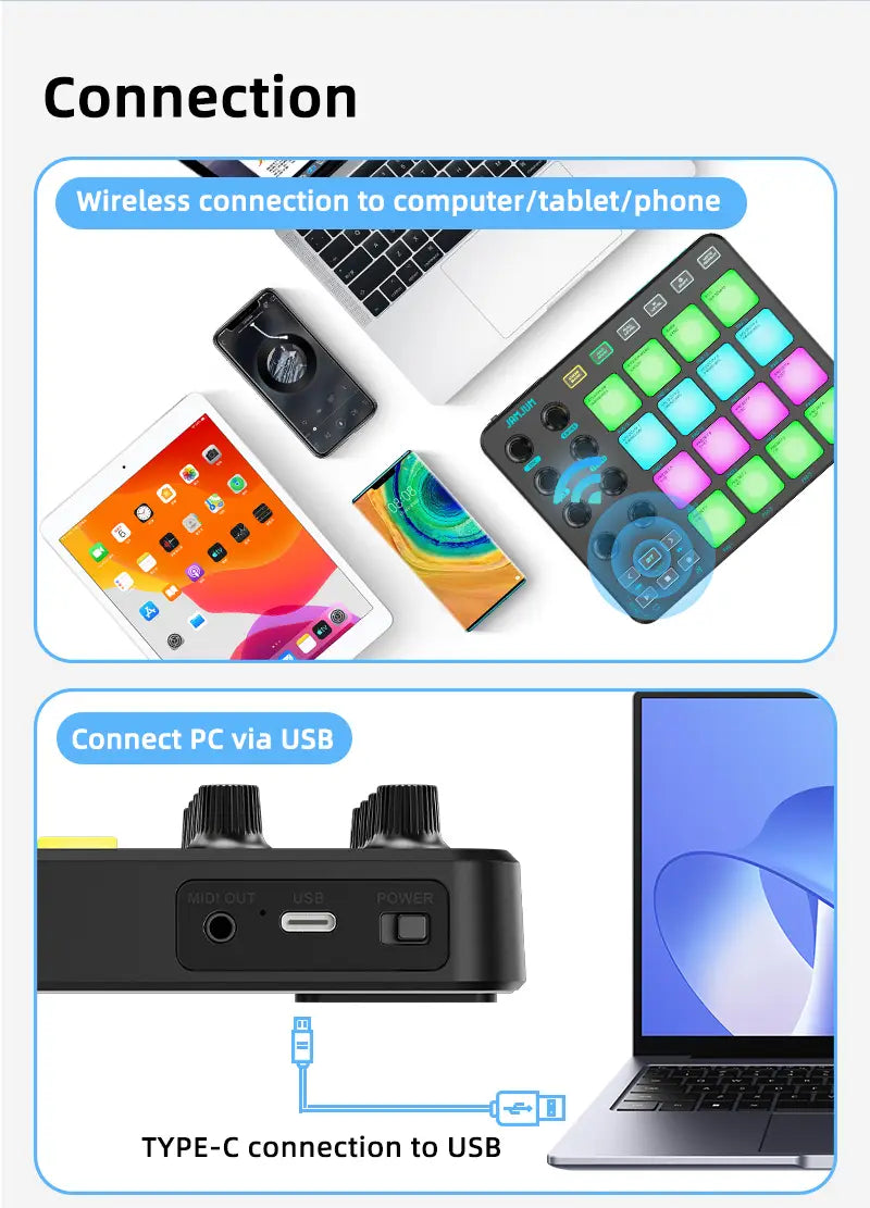 JAMJUM MIDI Controller Pad BT RGB Strike Pad Backlight MIDI Connection Low Latency 3.5mm Output Interface RGB Pad