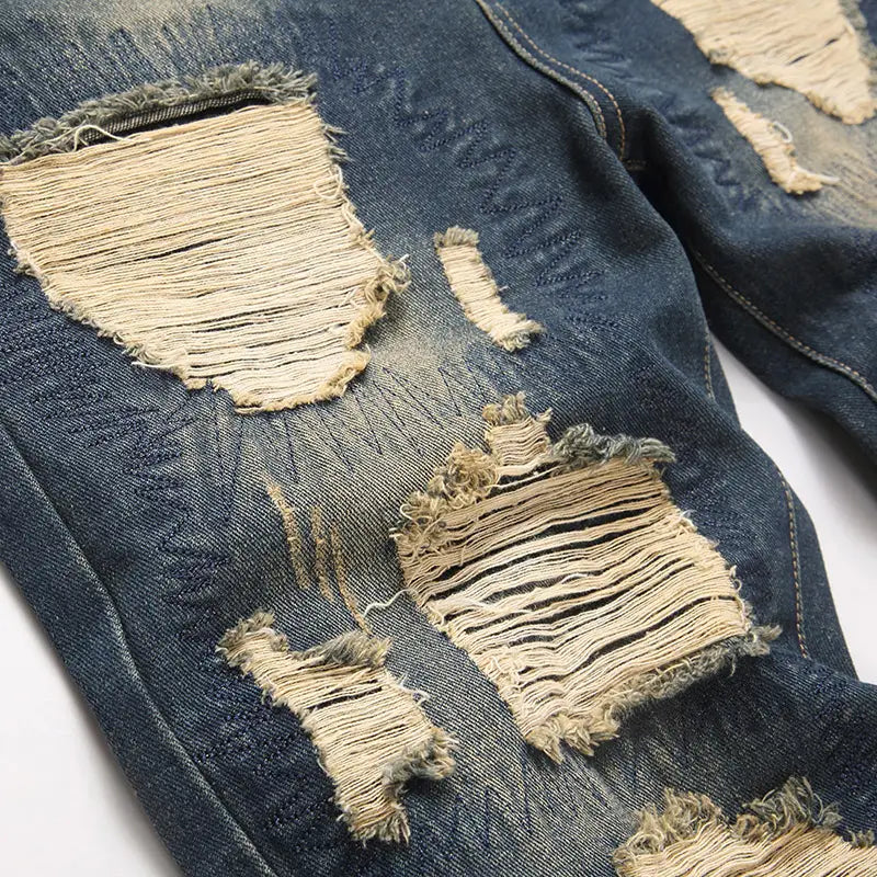 Hip-hop Ripped Men’s Jeans Spring New Rock Motorcycle Denim Pants Retro American Streetwear Hole Loose Straight Trousers