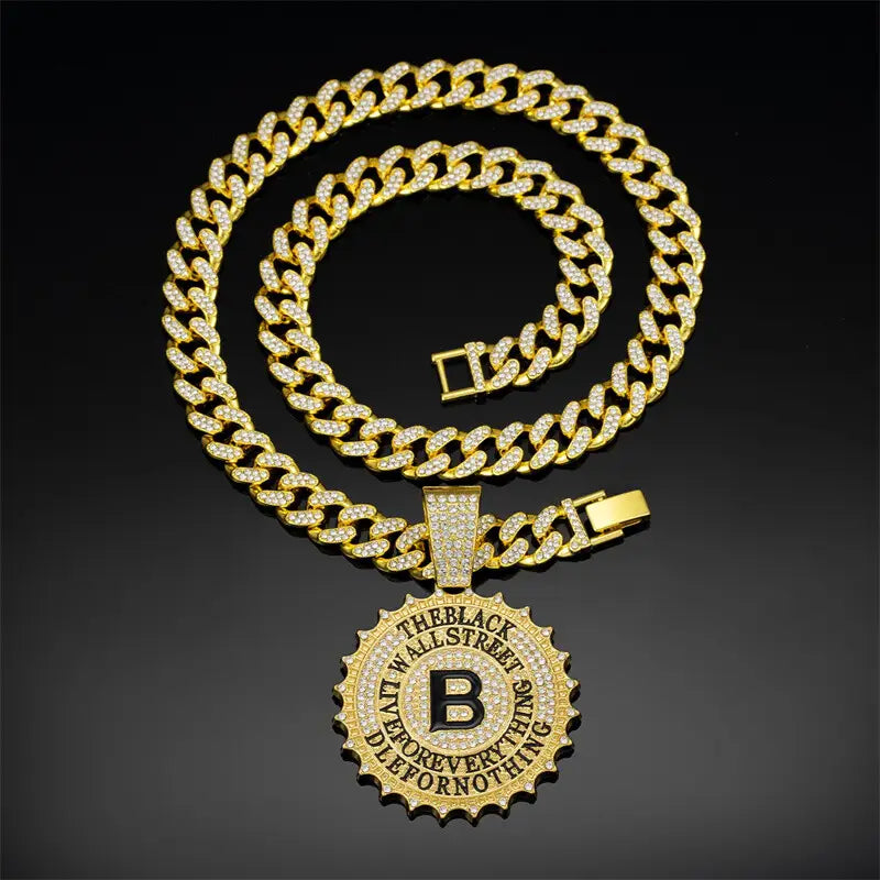Hip Hop Round B Letter Pendant Necklace Men Gold Sliver Color Ice Out Crystal Sign Rock Pendant Rapper Bling Jewerly