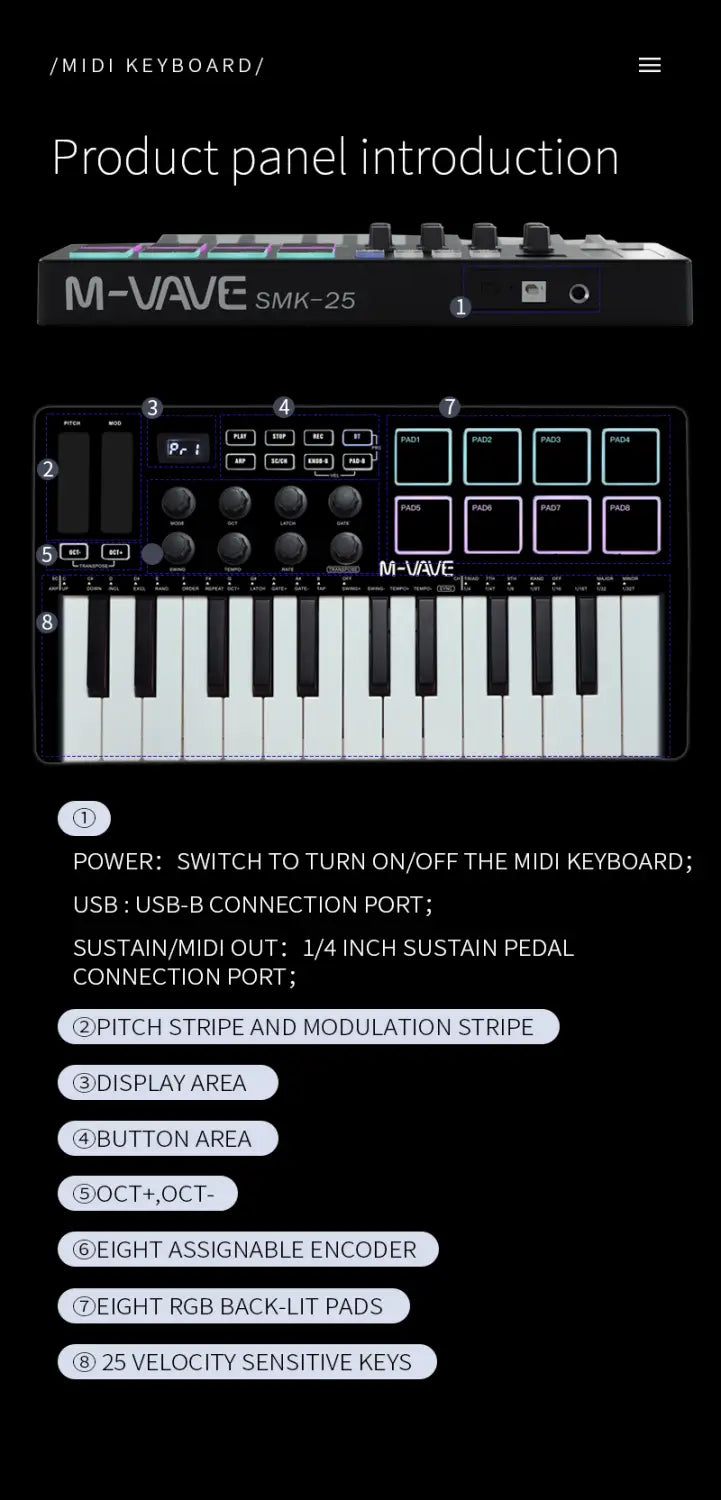 M-VAVE MIDI Pad Controller Keyboard USB 25 Key Mini RGB Drum Pads 8 Knobs and Music Production Software Assignable Knobs