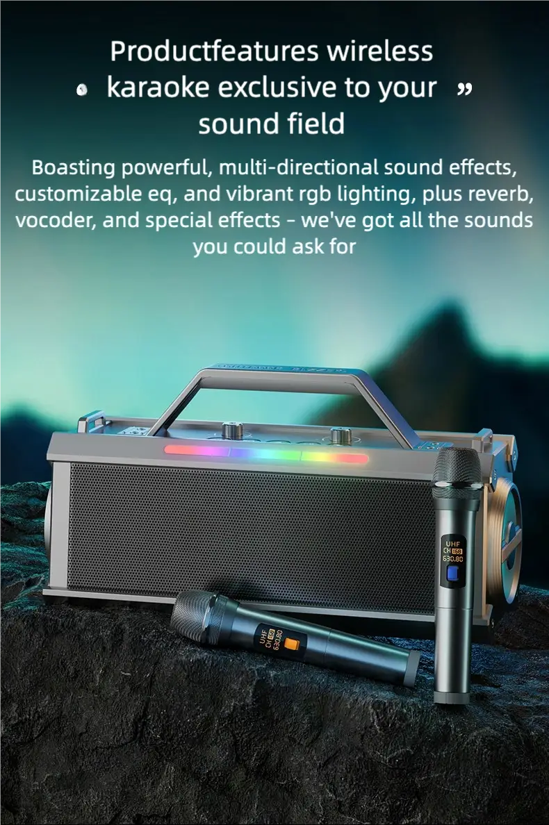 Portable Karaoke Machine with 2 Microphone Three Echo Levels Indoor and Outdoor Modes Deep Bass Supports AUX TF USB
