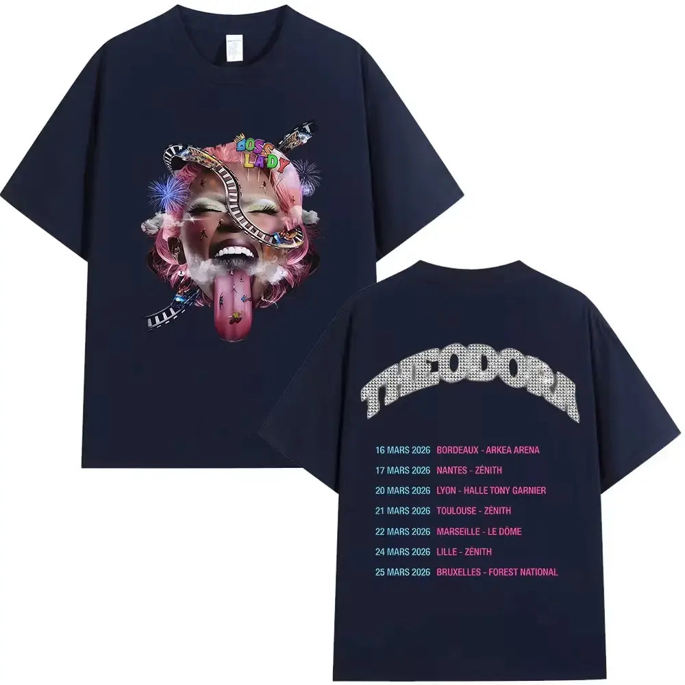 Rapper Theodora Tour 2026 album graphics pure Cotton music Tshirt Men 2026 New Summer Hip hop unisex Short sleeve top fan gifts