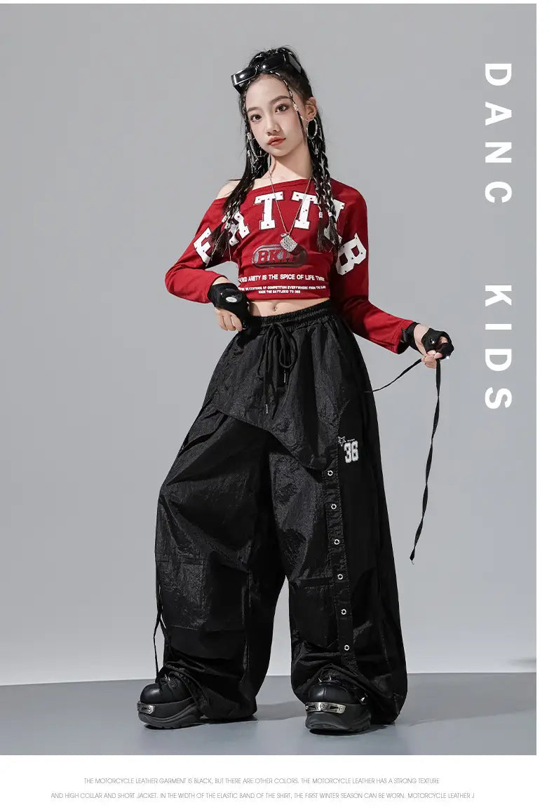Hip Hop Girls Off Shoulders Crop Top Cargo Pants Kids K-pop Street Dance Clothes Set Children Girl Group Streetwear Teen Costume