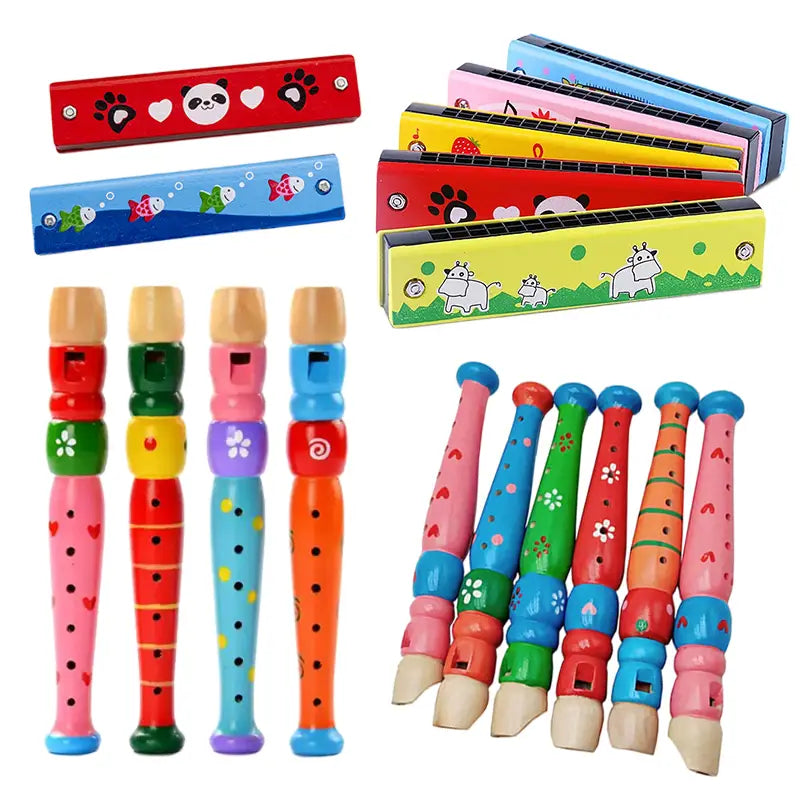 Wooden Cartoon Piccolo & Harmonica Children 6-Hole Flute 16-Hole Harmonica Toys Musical Instrument Toys Early Music Education