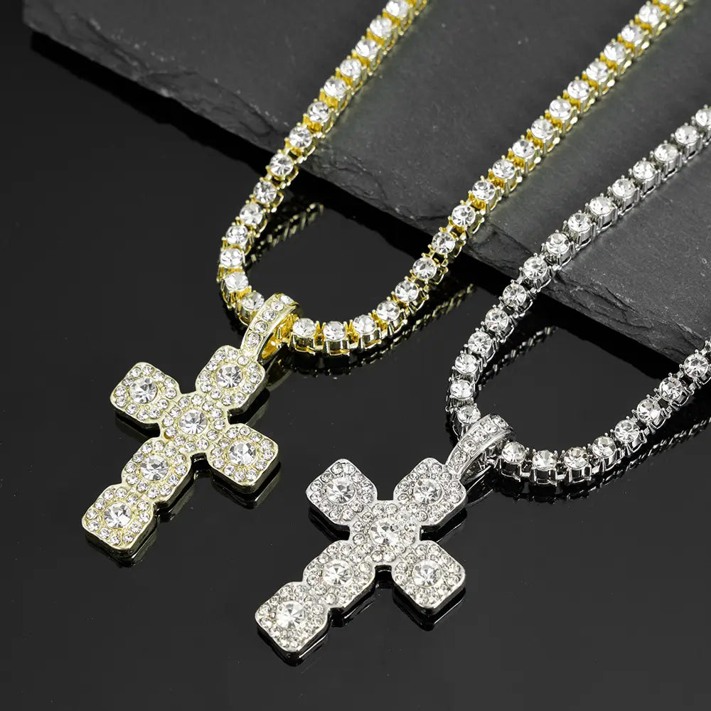 2025 New Hip Hop Cross Pendant Necklace Men 4mm Rhinestone Tennis Chain Iced Sparkling Necklace Women Punk Jewelry Fashion Gift