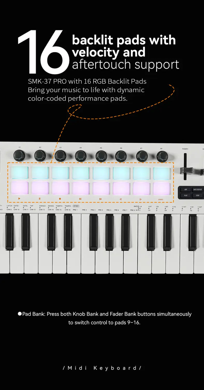 M-VAVE SMK-37 Pro Keyboard 37 Key MIDI Controller With Built-in Synth Engine 8 Knobs + 16 RGB Pads 37 Key MIDI Controllers