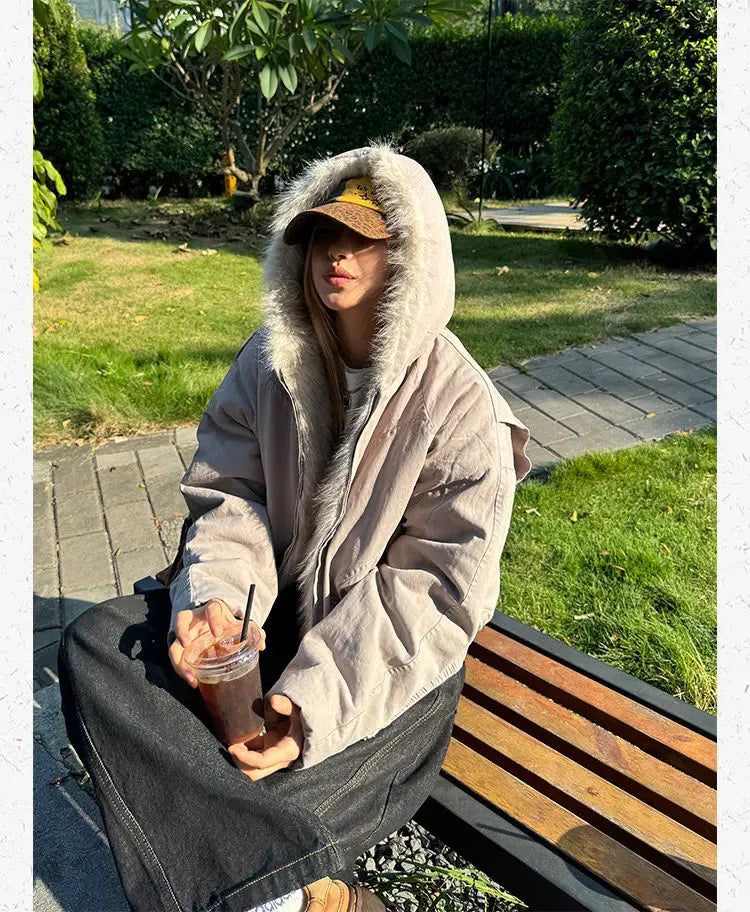 American Retro Fur Collar Hooded Jacket Women Y2K Streetwear Winter New Velvet Thickened Warm Harajuku Loose Casual Jacket