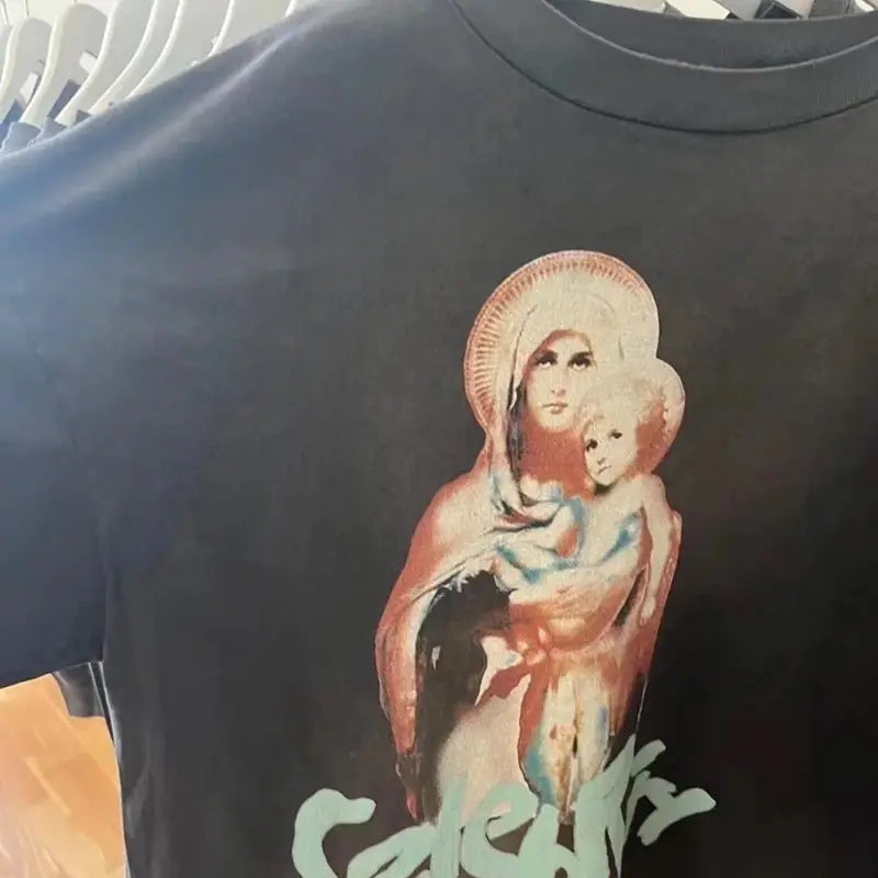 Hip Hop Retro Racing Style Graffiti Color Blocking Saint Micheal T-Shirt Men Women High Quality Oversized T Shirt Tee Tops
