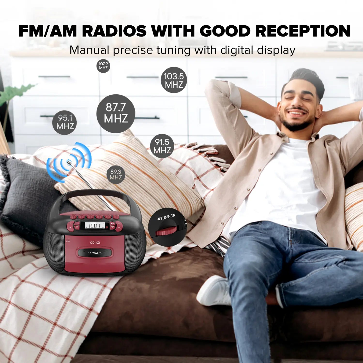 Boombox CD Cassette Player Combo: Stereo Sound AM FM Radio with Bluetooth and Remote - AUX/USB MP3/Tape Recording/Sleep Timer