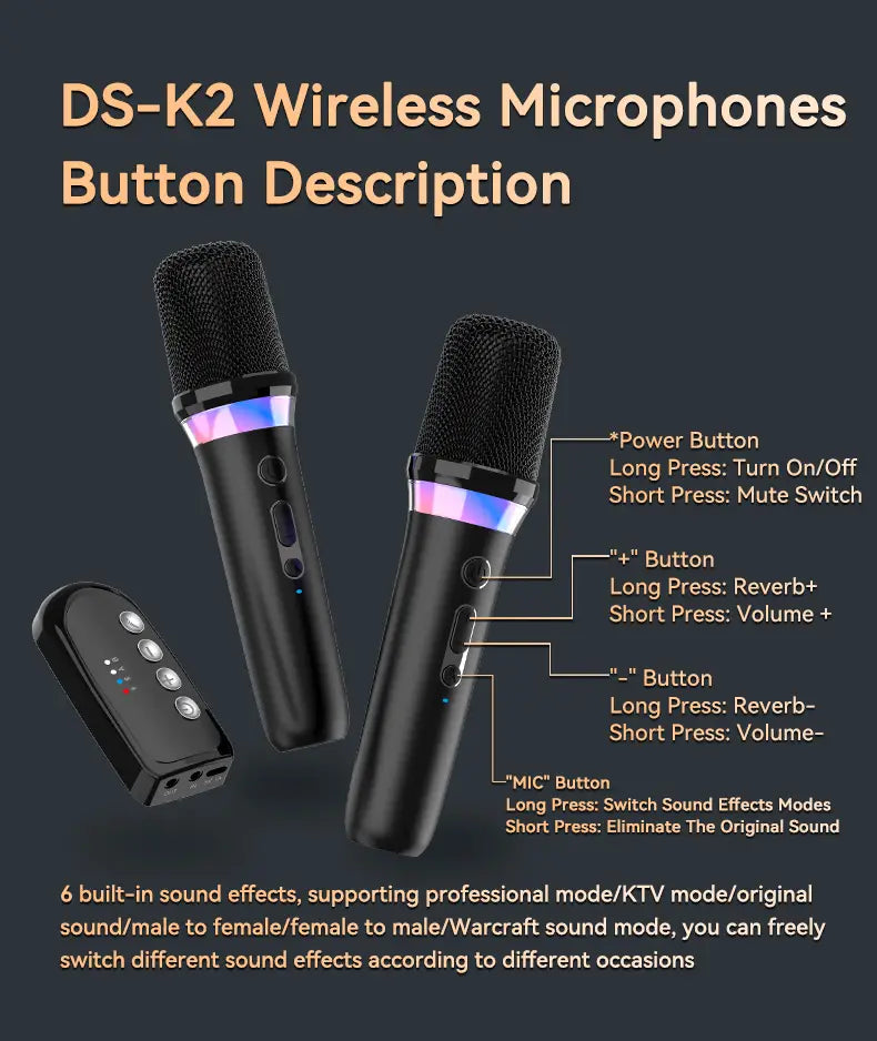 DS-K2 Karaoke Companion Bluetooth 5.3 Wireless Moving-Coil Microphone With RGB Light KTV DSP Mixer System For Wired Speaker Car