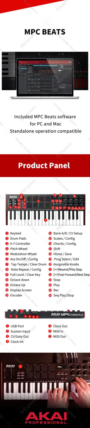 akai professional mpk mini play mk3 plus midi keyboard piano arranger music controller