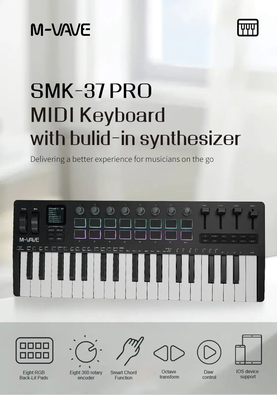 M-VAVE SMK-37 PRO 37-Key MIDI Controller Pedal 16 RGB Pads 8 Knobs Built-in Synthesizer Portable Keyboard Digital 37 300