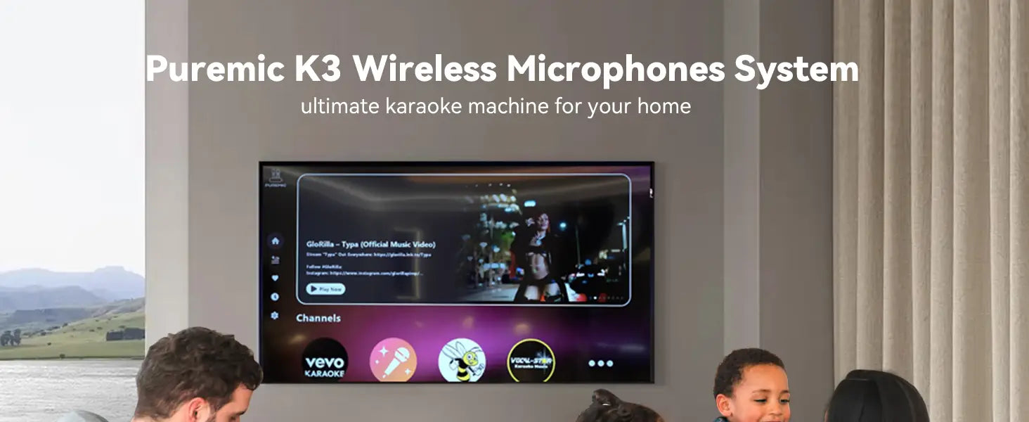 Puremic Karaoke Machine K3 with Millions Songs Free Forever Duet Karaoke Mics for Singing with Rechargeable Dock HDMI + Aux Cable